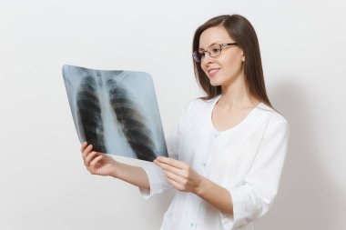 Smiling focused doctor woman with X-ray of lungs, fluorography, roentgen isolated on white background. Female doctor in medical gown stethoscope. Healthcare personnel, medicine concept. Pneumonia. clipart