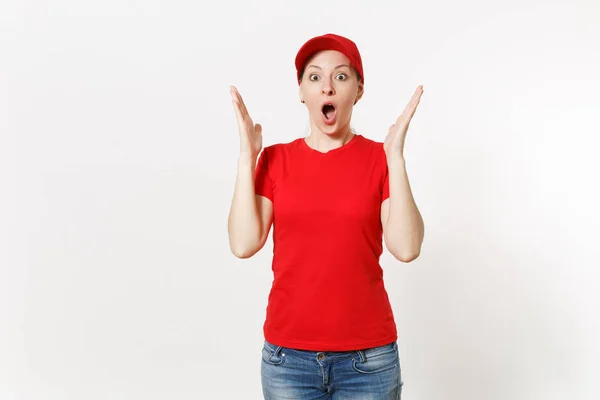 Mujer de parto en uniforme rojo aislado sobre fondo blanco. Profesor. — Foto de Stock