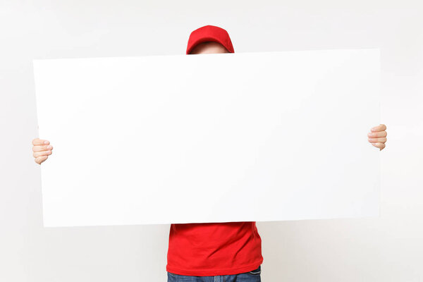 Delivery young man in red uniform isolated on white background. 