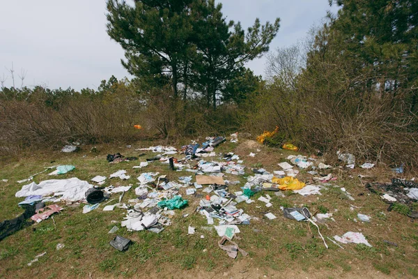 Large pile of rubbish among bushes and trees in littered park or
