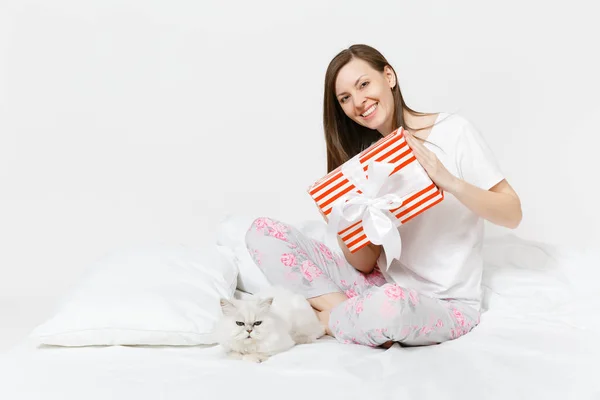 Lugn Ung Kvinna Sitter Sängen Med Vita Söta Persiska Silver — Stockfoto