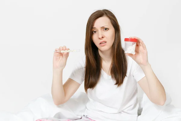 Young Sick Tired Sad Woman Pajamas Sitting Bed Holding Clinical — Stock Photo, Image