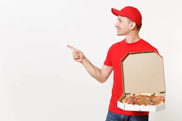 Szállítási Mosolygó Ember Piros Egységes Elszigetelt Fehér Background Férfi Pizzaman — Stock Fotó
