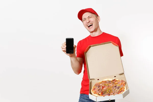 Entrega Homem Sorridente Uniforme Vermelho Isolado Fundo Branco Mensageiro Pizzaman — Fotografia de Stock