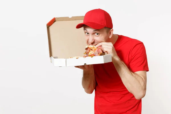 Entrega Homem Sorridente Uniforme Vermelho Isolado Fundo Branco Homem Pizzaman — Fotografia de Stock