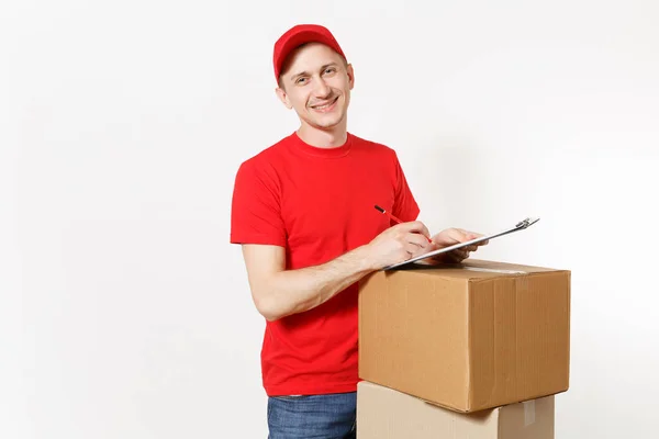 Entrega Homem Uniforme Vermelho Isolado Fundo Branco Correio Masculino Tampa — Fotografia de Stock