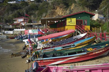 Curanipe, Şili - 20 Nisan 2015: Şili'nin Maule bölgesindeki küçük balıkçı köyü Curanipe'de sahilde renkli balıkçı tekneleri