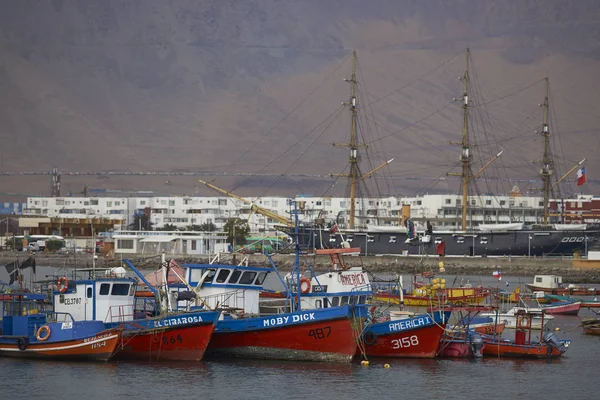 Barevné rybářské lodě v přístavu Iquique — Stock fotografie