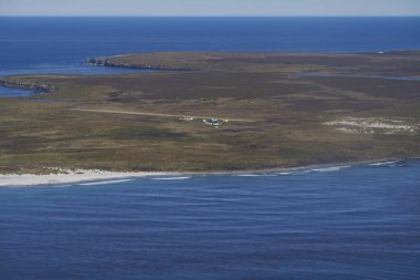 Falkland Adaları 'ndaki Deniz Aslanı Adası' nın açık mavi sularında ve beyaz kumlu sahillerde uçan bir uçaktan görüntüler.