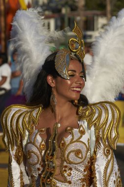Arica, Chile - 10 Şubat 2017: Bir Diablada dans grubu yıllık Carnaval Andino con la Fuerza del Sol Arica, Şili'de sahne süslü kostüm kadın üyesi.