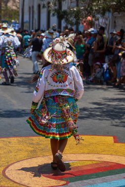 Arica, Chile - 11 Şubat 2017: Tinkus dans grubu yıllık Carnaval Andino con la Fuerza del Sol adlı bir street parade sırasında bir Tinkus dans performans süslü kostümleri giymiş.