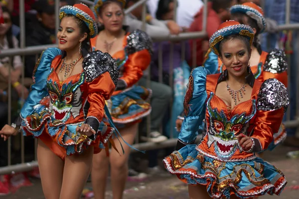 Oruro Bolivia February 2017 Caporales Dancers Ornate Costumes Performing Parade — Stock Photo, Image