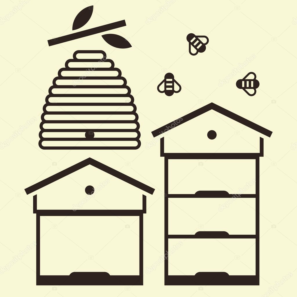 Beehives and bees. Beekeeping symbol