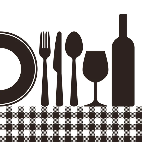Bouteille, verre à vin, assiette, couteau, fourchette, cuillère et nappe patt — Image vectorielle