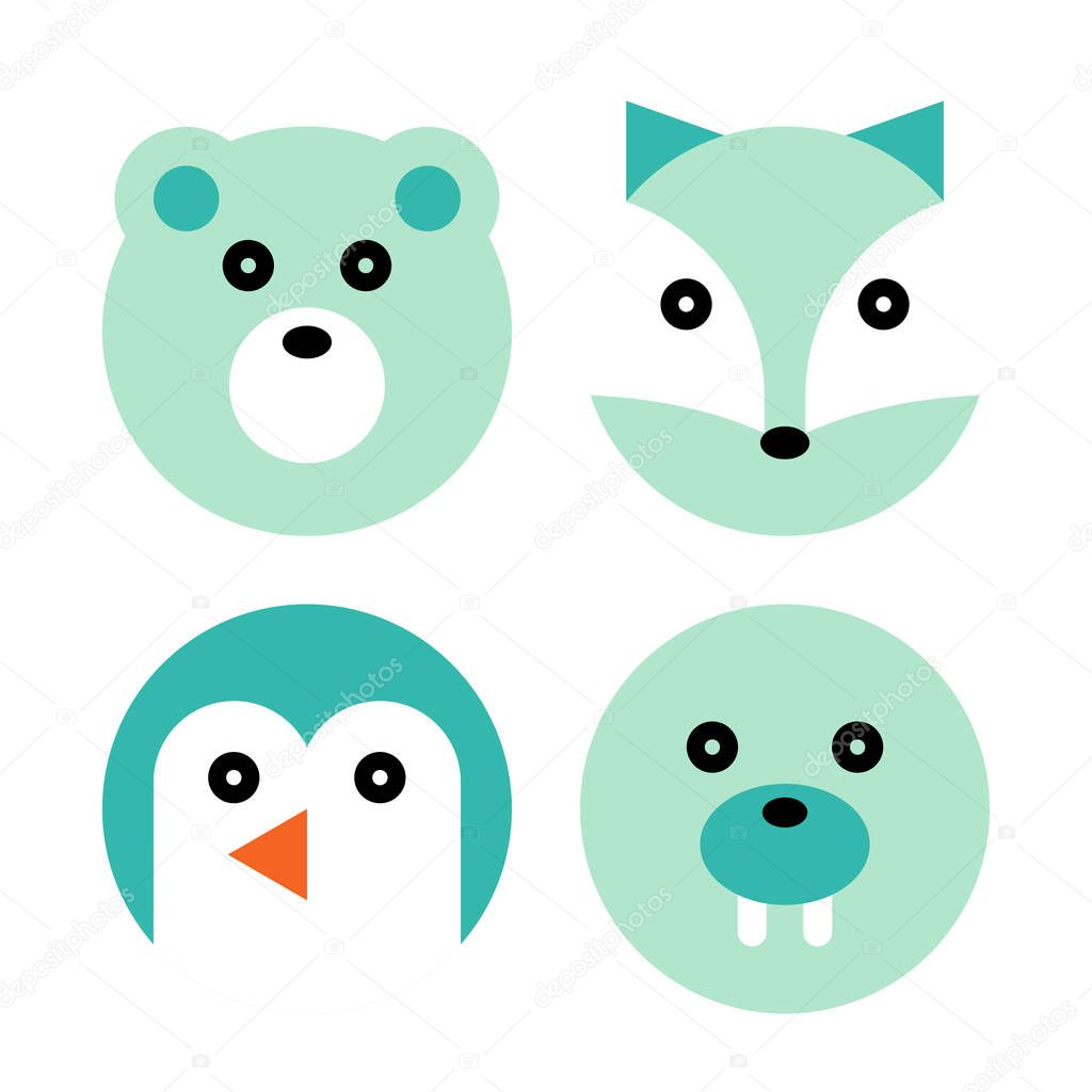 Polar Animal Set. Polar bear, Polar fox, Penguin and Walrus Cartoon Animal Head