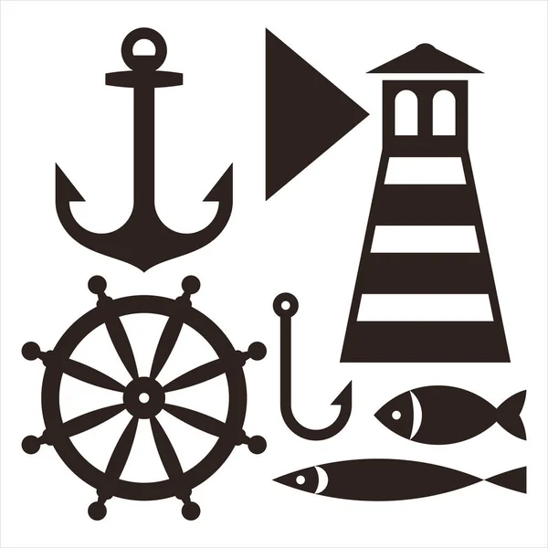 Anchor, Rudder, Lighthouse, Hook and Fish — Stock Vector