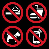Картина, постер, плакат, фотообои "не курить, не есть и не пить, не собак и не сотовый телефон запрещены знаки на черном фоне
", артикул 354364376