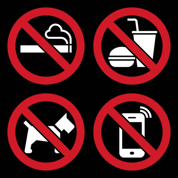 Smoking Food Drink Dogs Cell Phone Prohibited Signs Black Background — ストックベクタ