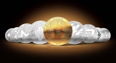 Set of cryptocurrencies with a golden bitcoin on the front as the leader. Bitcoin as most important cryptocurrency concept. clipart