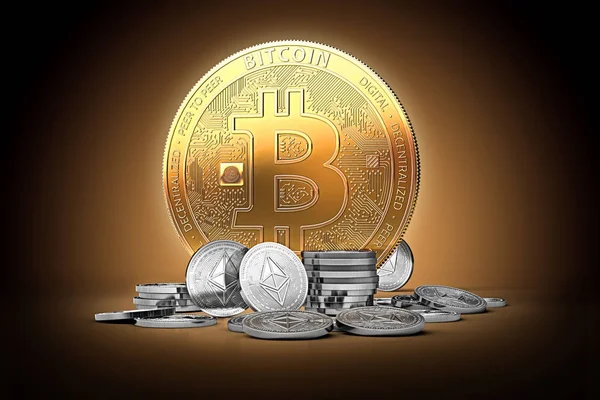 Bitcoin oro rodeado de monedas de plata etéreo sobre fondo oscuro suavemente iluminado. Representación 3D. Crecimiento etéreo, bitcoin fuerte concepto de posición . — Foto de Stock