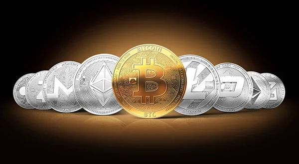 Kryptowährungen mit einem goldenen Bitcoin an der Spitze. Bitcoin als wichtigstes Kryptowährungskonzept. — Stockfoto