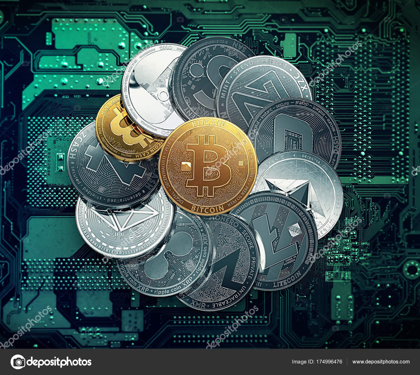 Huge stack of cryptocurrencies in a circle with a golden bitcoin in the  middle. Bitcoin as most important cryptocurrency concept. 3D illustration —  Stock Editorial Photo © hello.artmagination.com #174996476