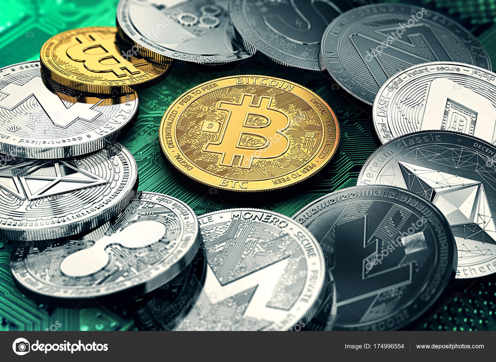 Huge stack of cryptocurrencies in a circle with a golden bitcoin in the  middle. Bitcoin as most important cryptocurrency concept. 3D illustration —  Stock Editorial Photo © hello.artmagination.com #174996554