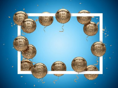 Parlak altın Bitcoin kopya alanı içinde olan balonlar etrafında kare kare şeklinde. Yeni Fiyat kayıt buraya koy. 3D çizim.