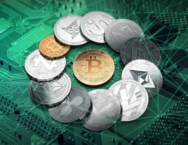 Different cryptocurrencies in a circle with a golden bitcoin in the middle. Different cryptocurrencies concept. 3D illustration clipart