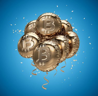 Parlak altın Bitcoin konfeti ile balon şeklinde. Bitcoin kutluyor büyüme. 3D render