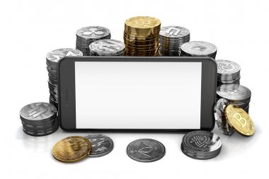 Smartphone görüntülemek için farklı cryptocurrencies kazık tarafından çevrili rasgele tasarım alanı ile. Beyaz boşaltmak izole. 3D render