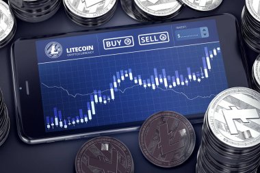 Smartphone ile grafik ekran gümüş Litecoins yığınları arasında ticaret Litecoin. Litecoin ticaret kavramı. 3D render