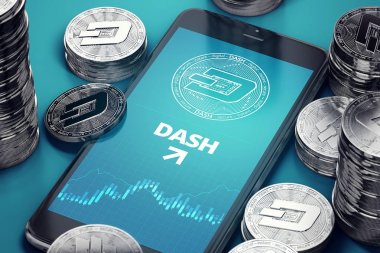 Smartphone ile Dashcoin büyüme grafik ekran gümüş Dashcoins yığınları arasında. Dashcoin büyüme kavramı. 3D render