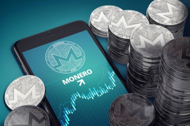 Smartphone ile Monero büyüme grafik ekran gümüş Monero yığınları arasında lira. Monero büyüme kavramı. 3D render