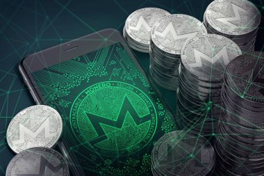 Smartphone ile ekran arasında kazık Monero, Monero sembolü. Monero sanal cüzdan kavramı. 3D render