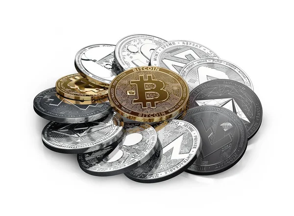 Riesige Stapel verschiedener Kryptowährungen mit einem goldenen Bitcoin auf der Vorderseite. isoliert auf weißem Hintergrund. 3D-Illustration — Stockfoto
