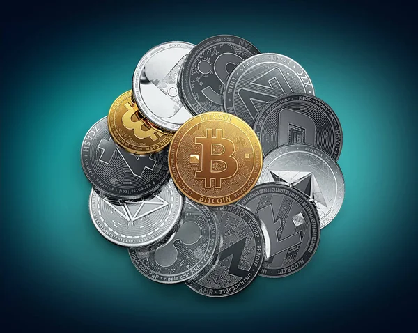 Huge stack of cryptocurrencies in a circle with a golden bitcoin in the middle. Bitcoin as most important cryptocurrency concept. 3D illustration — Stock Photo, Image