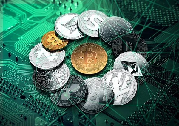 Stor bunt med kryptovalutor med en gyllene bitcoin i mitten. Bitcoin som viktigaste kryptovaluta konceptet. 3D illustration — Stockfoto