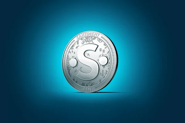 Блискучі Срібна Монета Santiment San Відображається Яко Освітлені Синьому Фоні — стокове фото