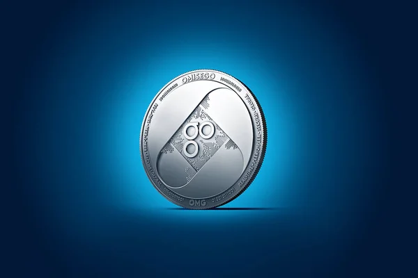 闪亮的银色奥米格奥姆币显示在柔和的深蓝色背景 新的虚拟货币 — 图库照片