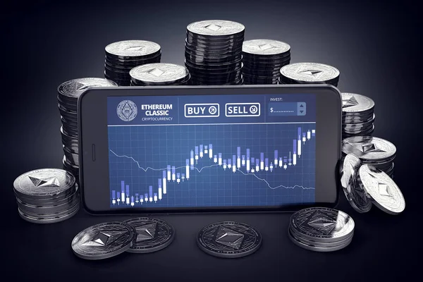 Smartphone with Ethereum Classic trading chart on-screen among piles of Ether. ETC trading concept. 3D rendering