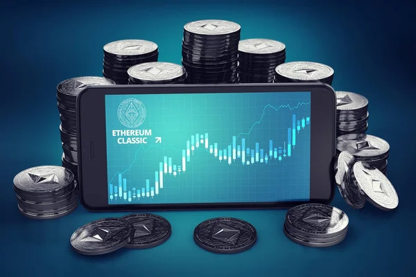 Smartphone with Ethereum Classic (ETC) growth chart on-screen among piles of Ether coins. ETC growth concept. 3D rendering