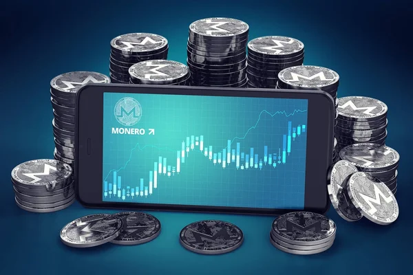 Smartphone with Monero growth chart on-screen among piles of Monero coins. Monero growth concept. 3D rendering