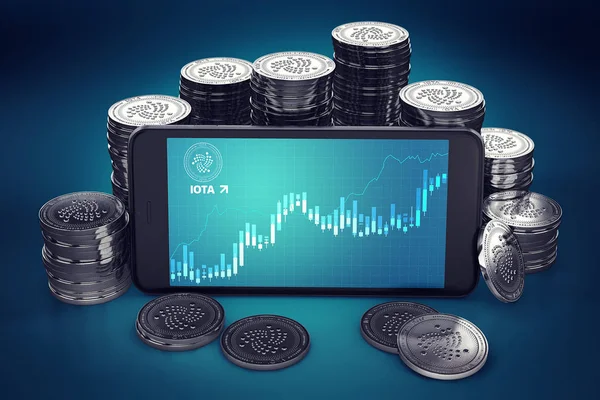 Smartphone with IOTA growth chart on-screen among piles of IOTA coins. IOTA coin growth concept. 3D rendering
