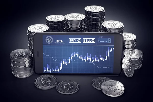 Smartphone with IOTA trading chart on-screen among piles of silver IOTA coins. IOTA trading concept. 3D rendering