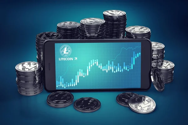 Smartphone with Litecoin growth chart on-screen among piles of Litecoins. Litecoin growth concept. 3D rendering