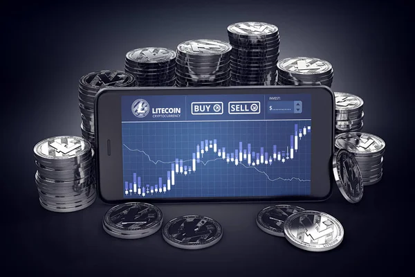 Smartphone with Litecoin trading chart on-screen among piles of silver Litecoins. Litecoin trading concept. 3D rendering