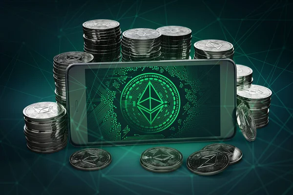 Smartphone with Ethereum symbol on-screen among piles of Ether. Ethereum blockchain technology concept. 3D rendering