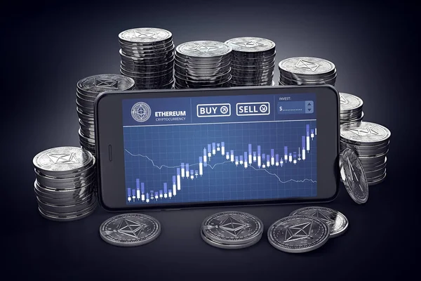 Smartphone with Ethereum trading chart on-screen among piles of Ether. Ethereum trading concept. 3D rendering