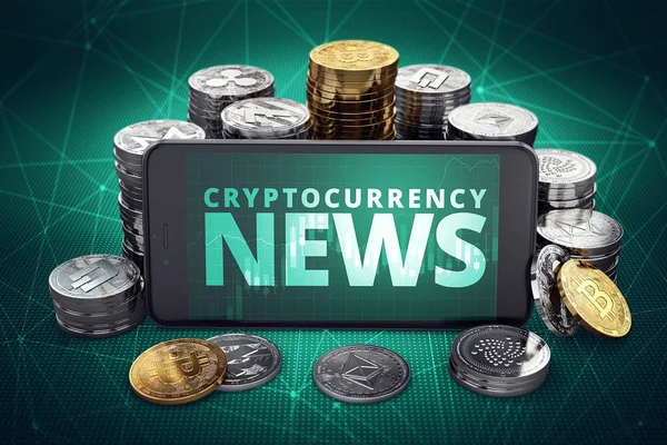 Cryptocurrency news text on smartphone screen surrounded by piles of different crypto coins. Title screen for recent cruptocurrency news. 3D illustration — Stock Photo, Image